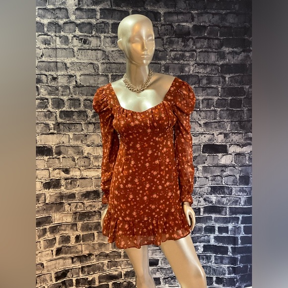 Rust Floral Print Long Sleeve Babydoll Dress - Picture 3 of 8